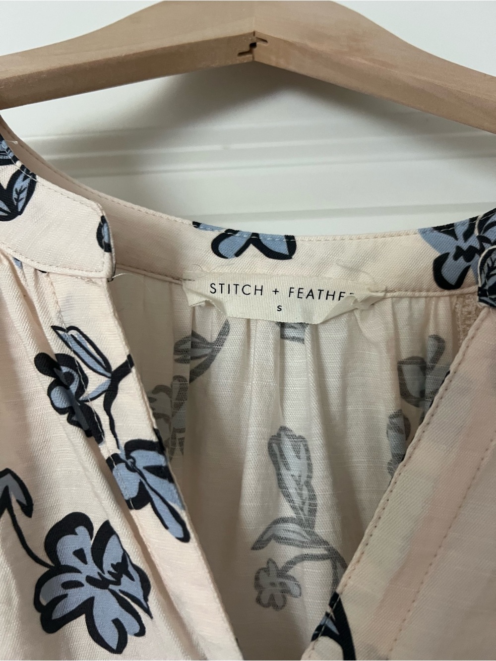 Peasant Floral Button-Front Blouse - Cream with Blue Floral - Picture 3 of 5